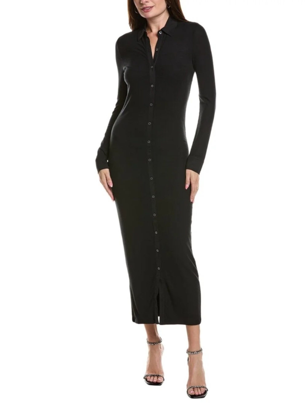 ATM Jay Black Button-Front Long Sleeve Ribbed Maxi Dress XL